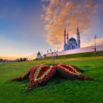 Kul Sharif Mosque and flowers field in evening, Kazan, Russia.